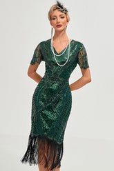 Glitzerndes dunkelgrünes perlenbesetztes Fransen Kappenärmelkleid aus den 1920er Jahren